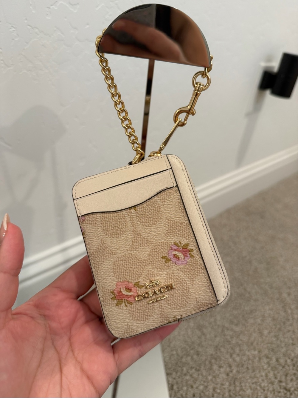 Coach Beige Floral Signature Card Case with Gold Chain